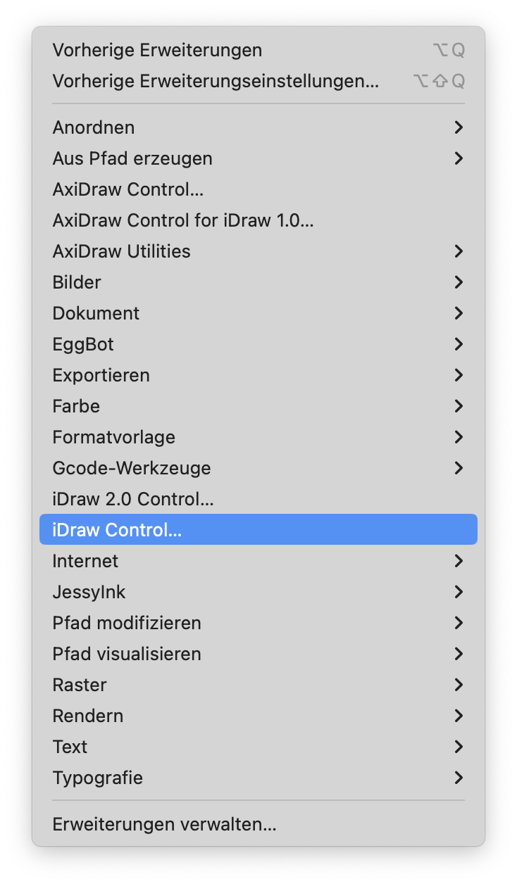 The Extension panel in InkScape showing the iDraw Controls