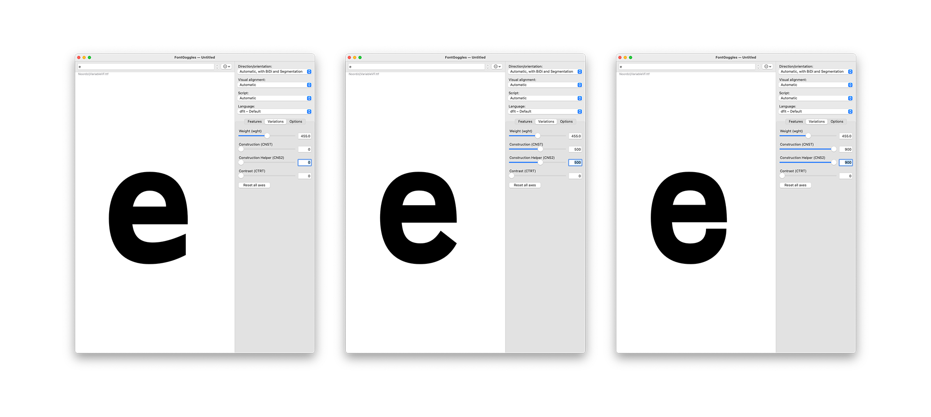 A window of FontGoggles showing a lowercase e. Two construction helper axes allow to control the tail of the e.