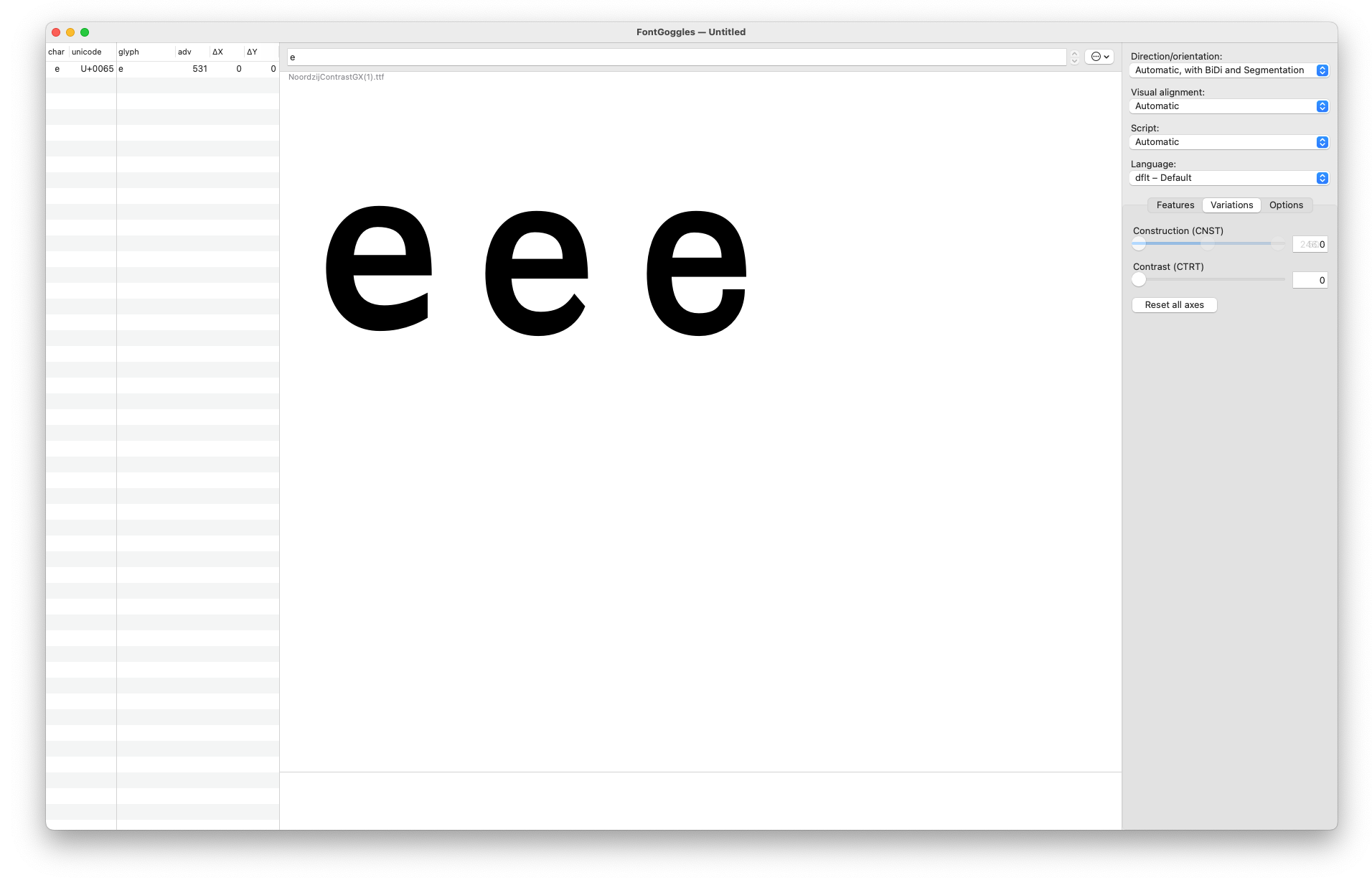 A window of FontGoggles showing a wabbly tail of a lowercase e.