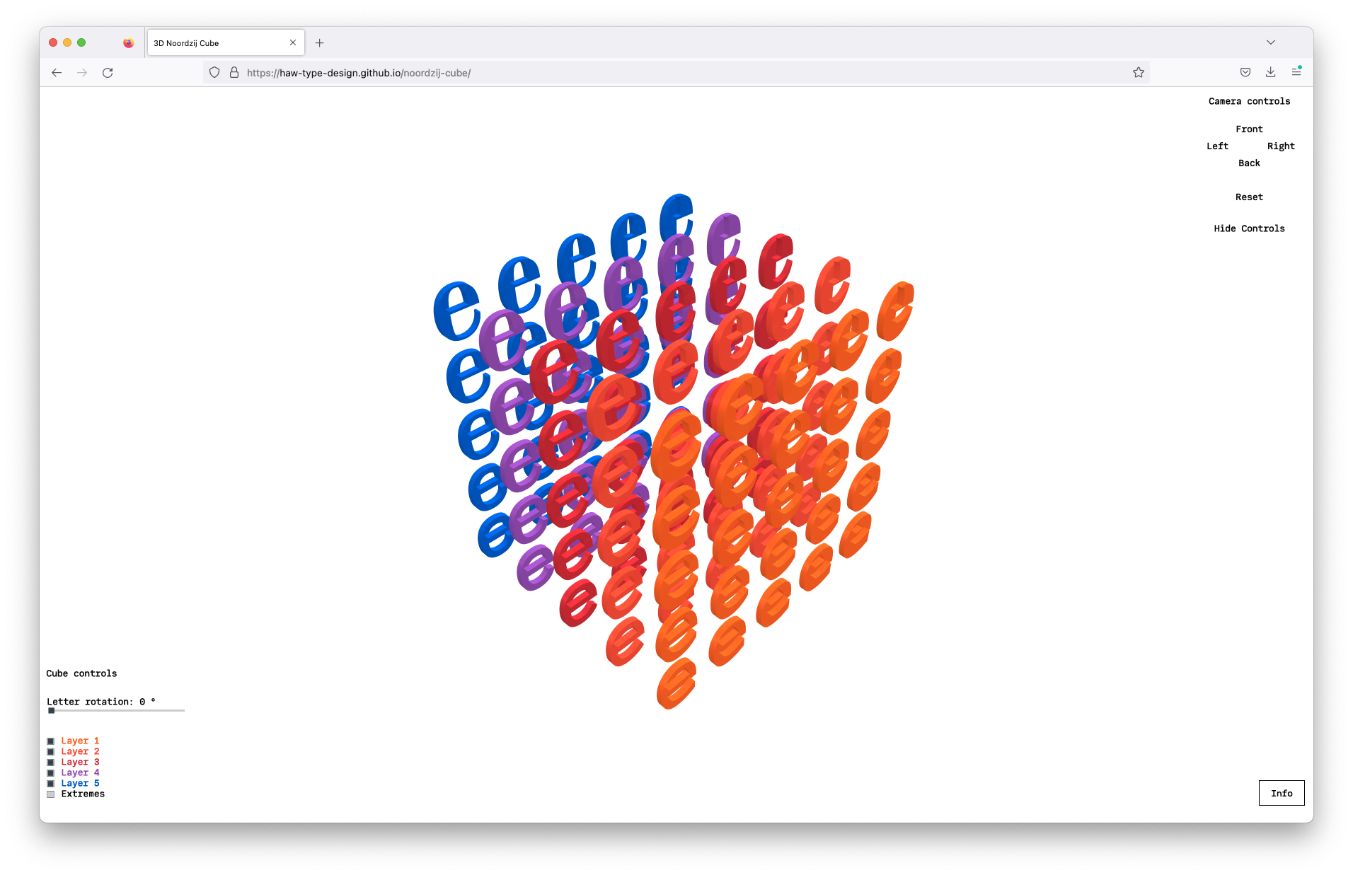 A browser window showing the 3D Noordzij cube from the top left corner. The e’s are coloured from orange to blue.